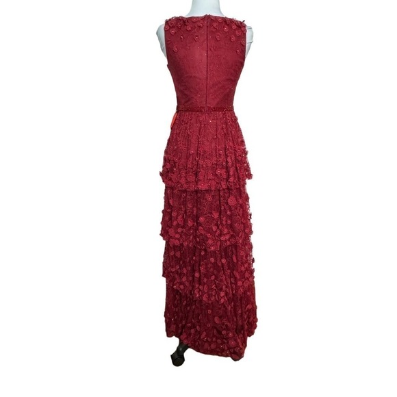 Mac Duggal Gown Dress Tiered Floral Embellished V Neck Deep Red Size 2 - Picture 3 of 16